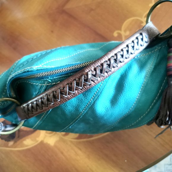 Vintage Fossil Teal Patchwork Boho Leather Shoulder Bag with Leather Tassel - Picture 6 of 11
